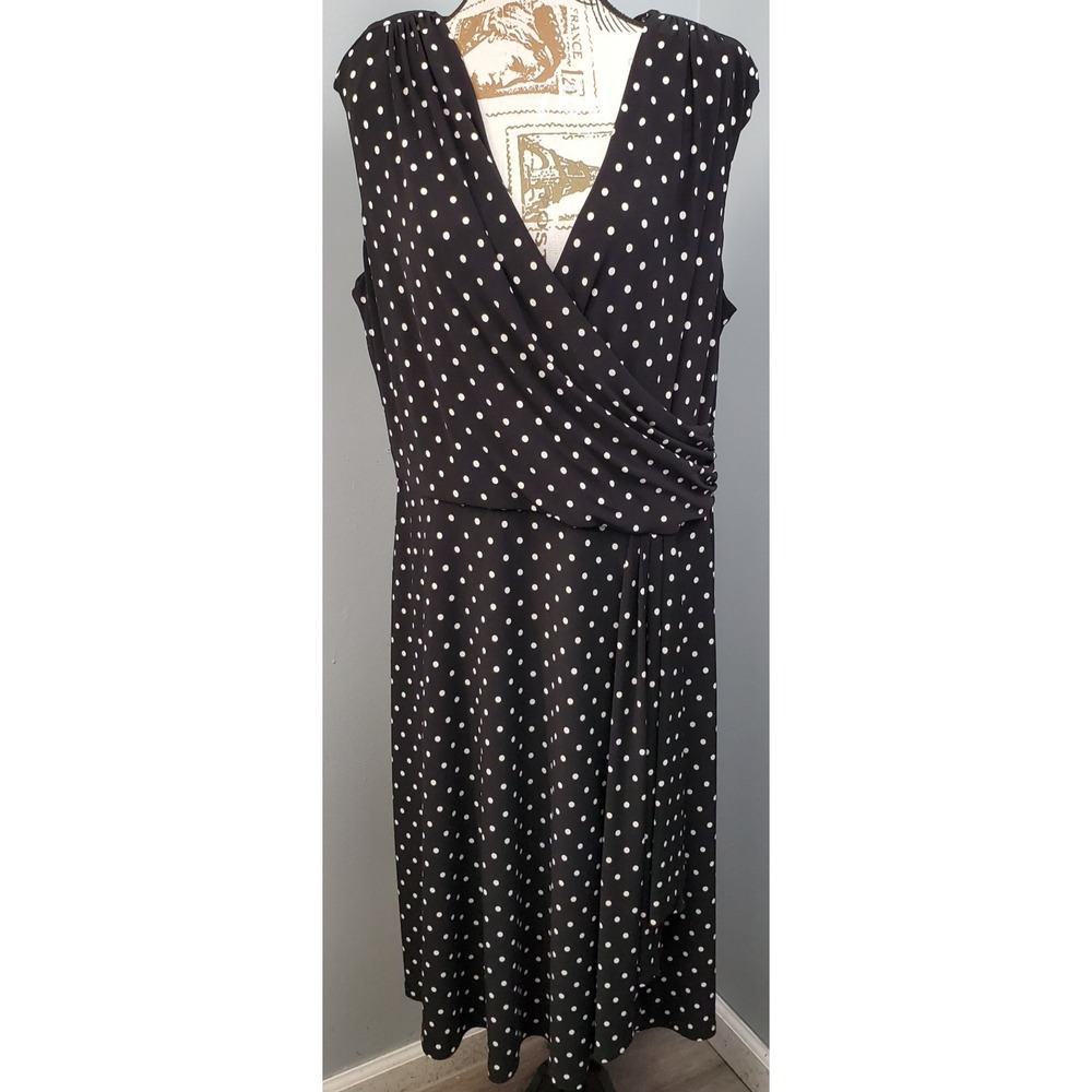 Lauren Ralph Lauren Wrap Dress Womens 16W Black White Polka Dot Shoulder Pads